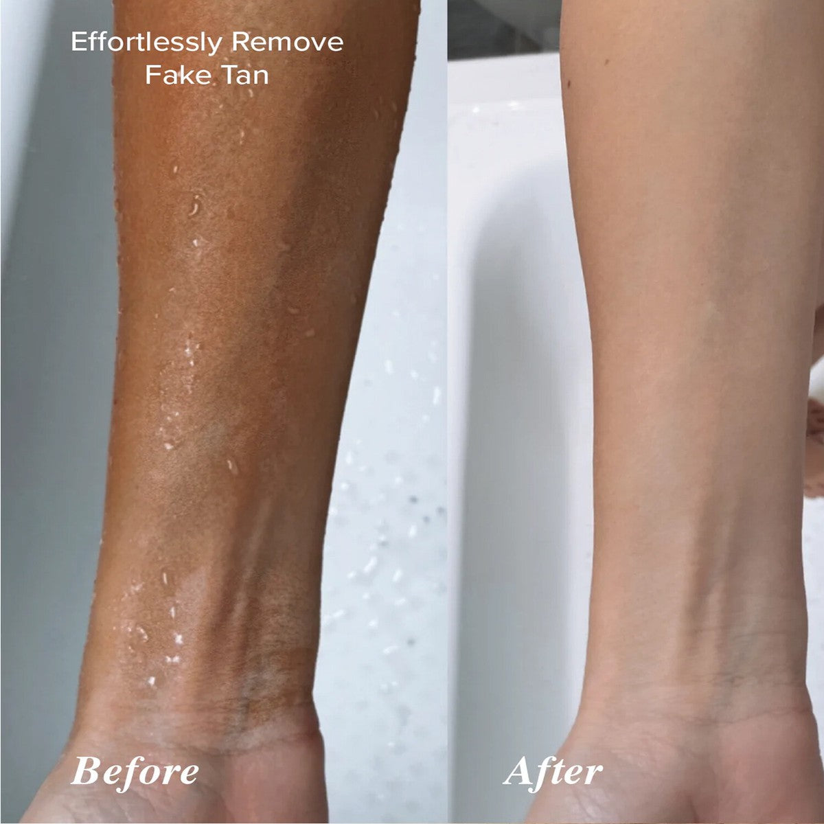 Before and after comparison of a fake tan removal process on hands using Kessa Gloves