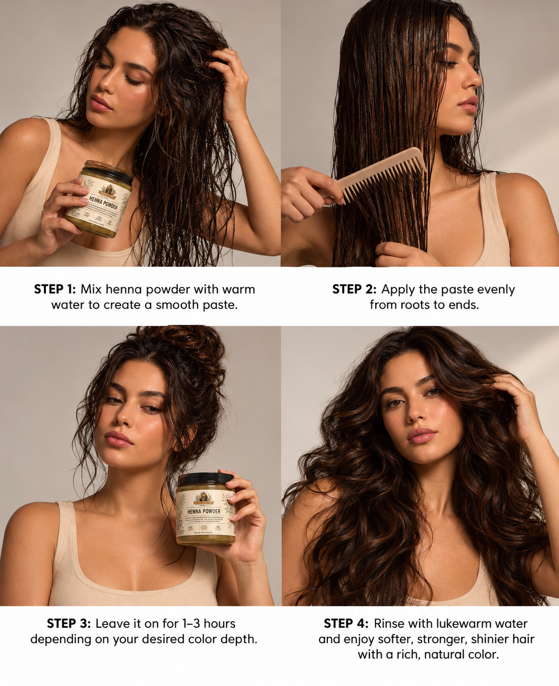 Four-step henna haircare tutorial showing a woman mixing henna powder with warm water, applying the paste through her hair, leaving it on for one to three hours, and revealing glossy dark brown waves.