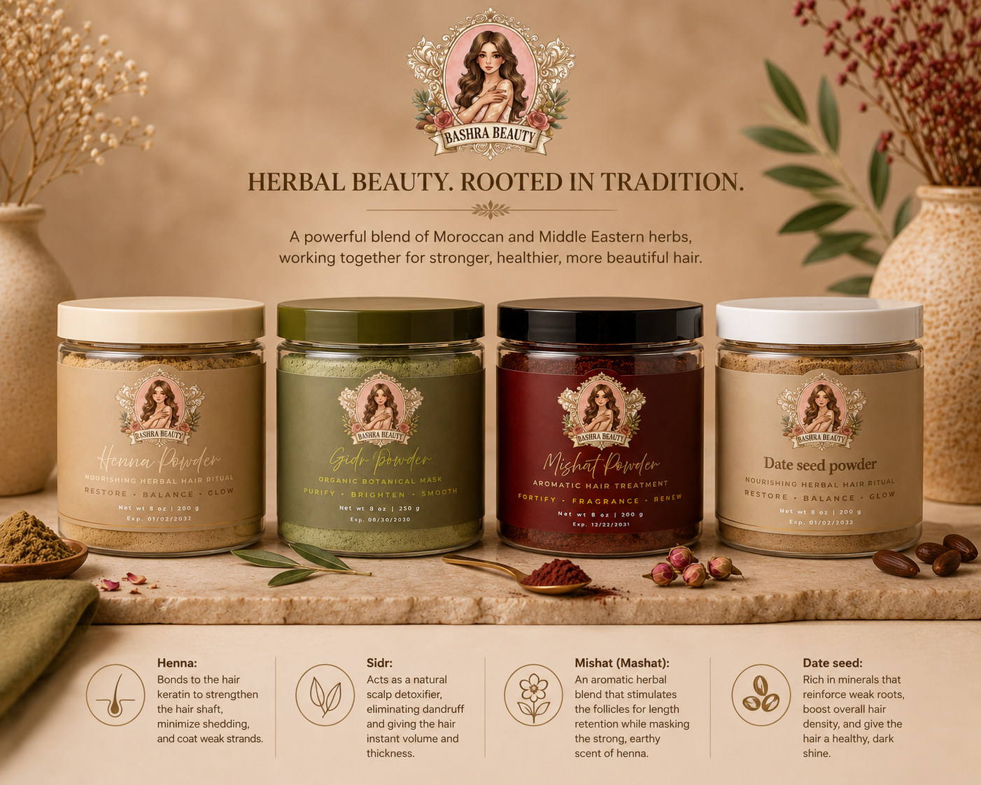 Bashra Beauty herbal hair care collection featuring Henna Powder, Sidr Powder, Mishat Powder, and Date Seed Powder for stronger, thicker, healthier hair using traditional Middle Eastern and Moroccan botanical ingredients.