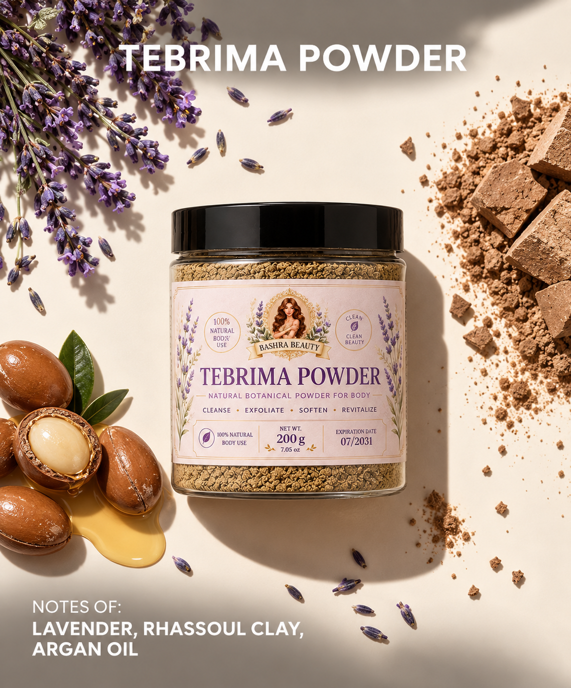 Bashra Beauty Tebrima Powder surrounded by lavender, rhassoul clay, and argan nuts on a sunlit cream background.