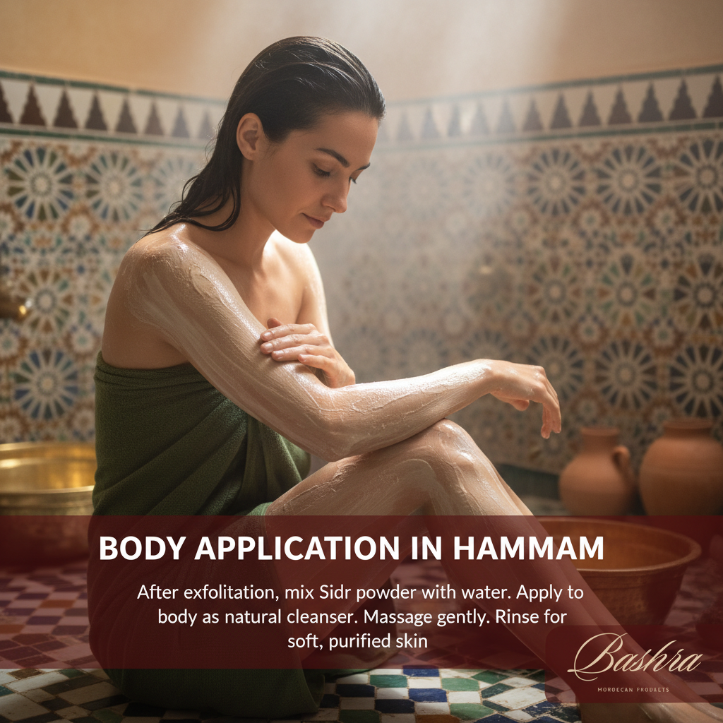 Body application of Bashra Sidr powder in Moroccan hammam - natural body cleanser after exfoliation for soft purified skin in traditional spa ritual