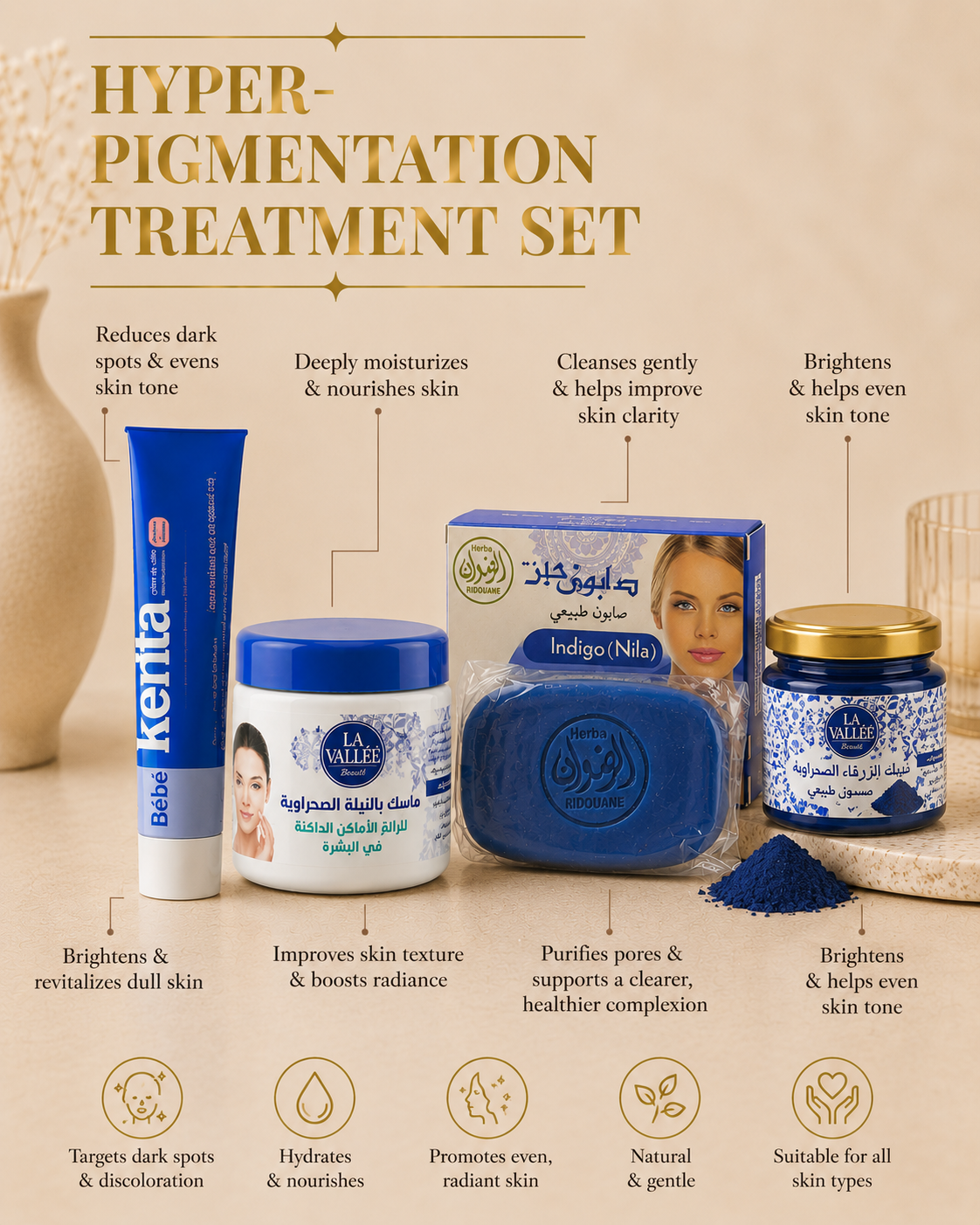 Bashra Beauty Hyperpigmentation Treatment Set featuring Kenta Cream, Moroccan Blue Nila Mask, Moroccan Blue Nila Soap, and Moroccan Blue Nila Powder for a brighter, more even-looking complexion.