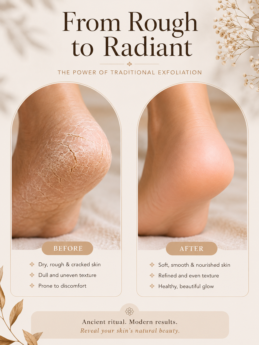 Before and after comparison of cracked heels transformed into soft, smooth feet after exfoliating with the traditional Moroccan M'hekka clay exfoliator.
