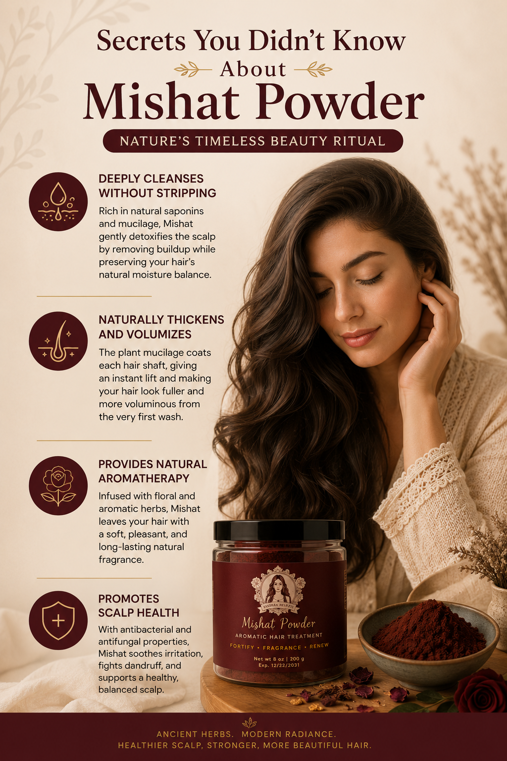 Educational infographic showcasing the unique benefits of Mishat Powder, including deep cleansing, natural volume, botanical aromatherapy, and support for a healthy scalp.