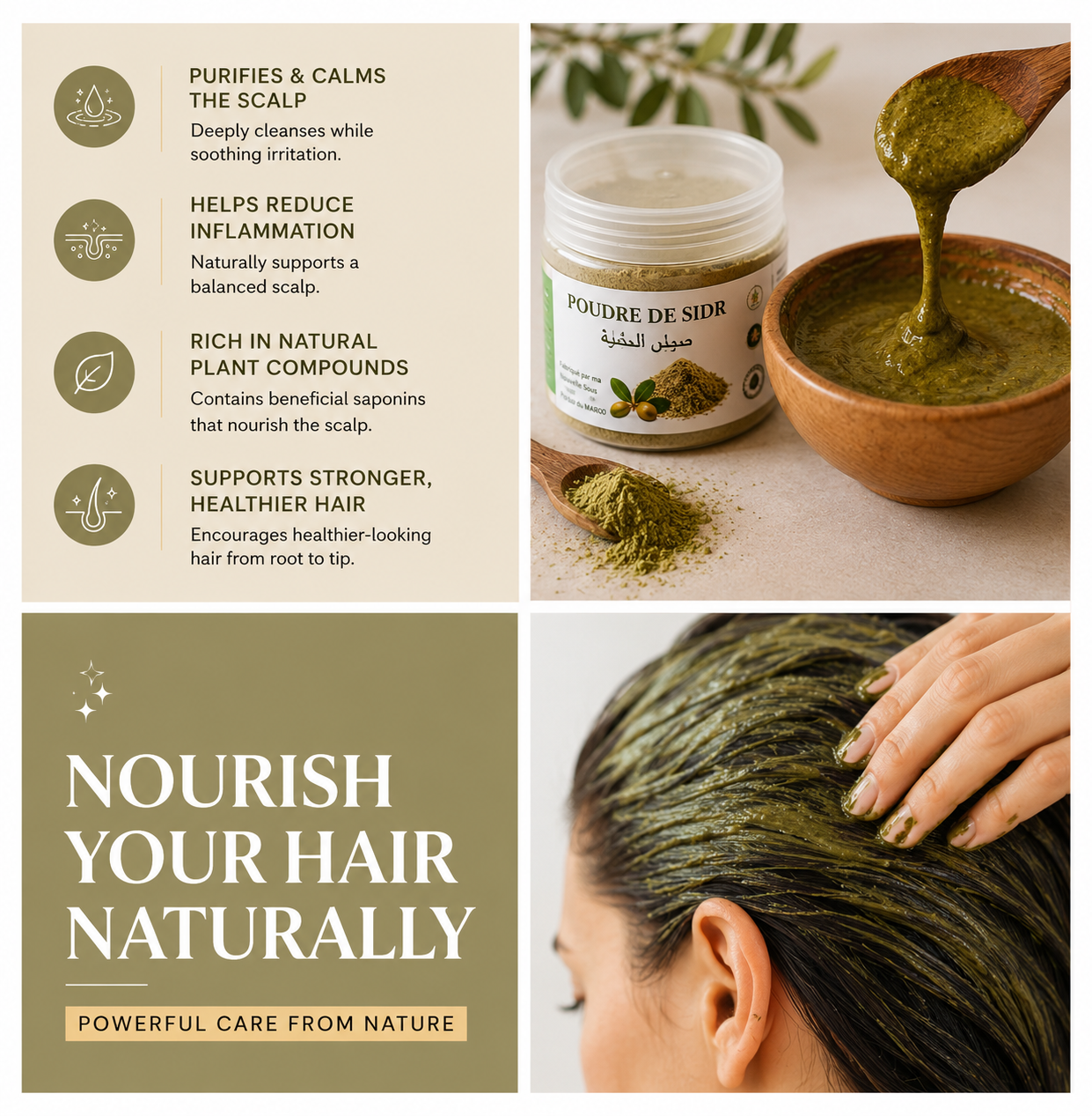Natural Moroccan Sidr Powder hair treatment that gently cleanses the scalp, nourishes hair, and supports healthier-looking strands.