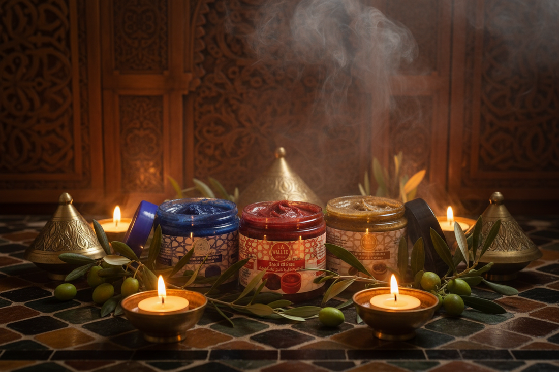 Moroccan black soap Savon Beldi in traditional hammam setting with steam and Moroccan tiles