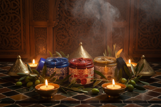 Moroccan black soap Savon Beldi in traditional hammam setting with steam and Moroccan tiles