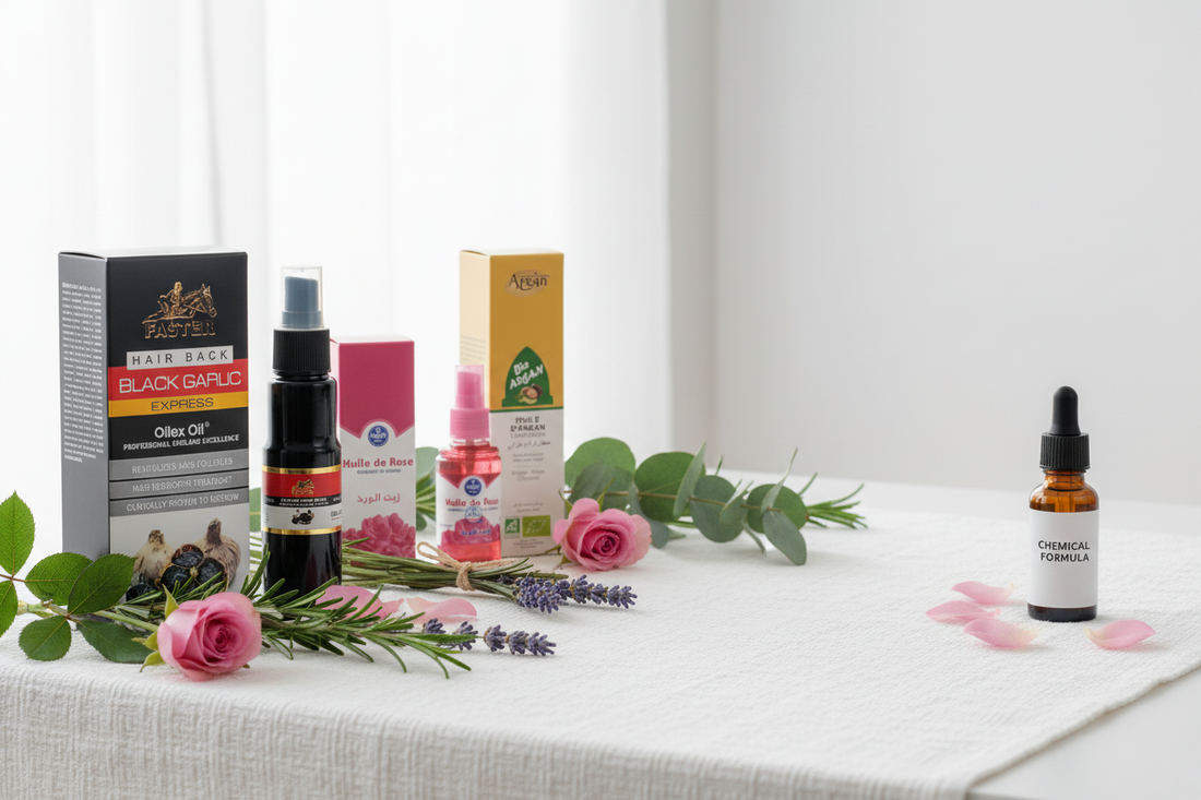 Natural hair growth oils including argan oil and rose oil with fresh botanicals on wooden surface
