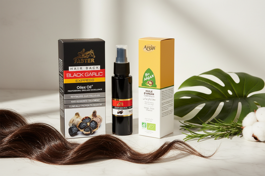 Natural hair growth oils including FASTER HAIR BACK Oilex Express and Moroccan argan oil on marble surface