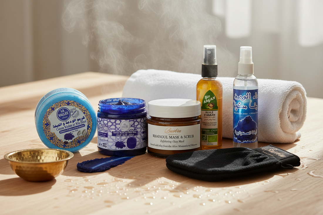 Complete Moroccan hammam ritual set with black soap, kessa glove, and traditional bath products