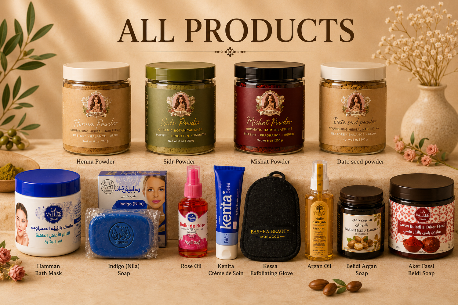 Bashra Beauty All Products Collection featuring Moroccan skincare, herbal hair care, hammam essentials, clay masks, botanical powders, natural soaps, rose oil, kessa glove, and traditional beauty products.