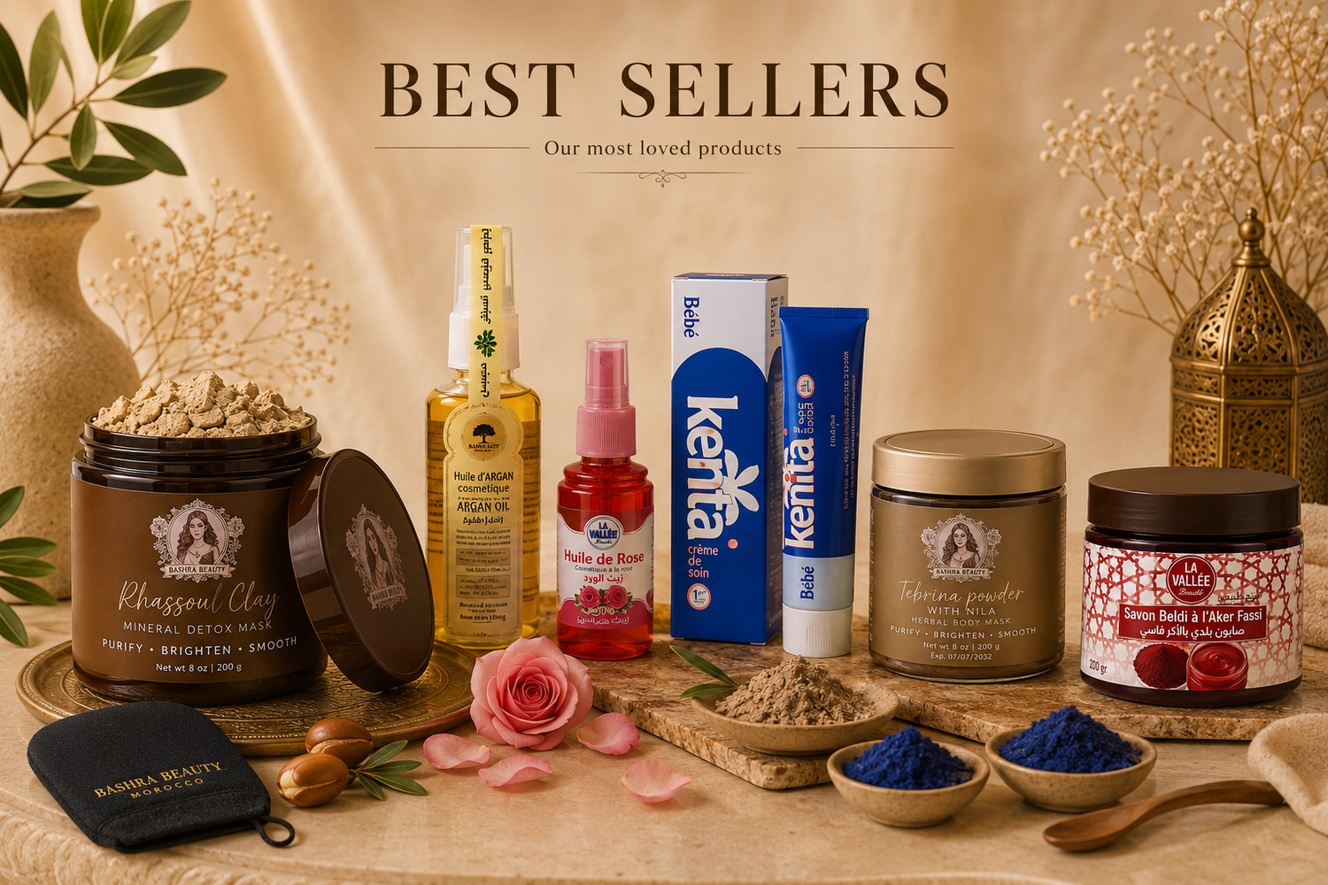 Bashra Beauty best-selling Moroccan skincare collection featuring Rhassoul Clay, Tebrina Powder with Nila, Argan Oil, Rose Oil, Kenta Cream, Aker Fassi Black Soap, and the traditional exfoliating Kessa glove.