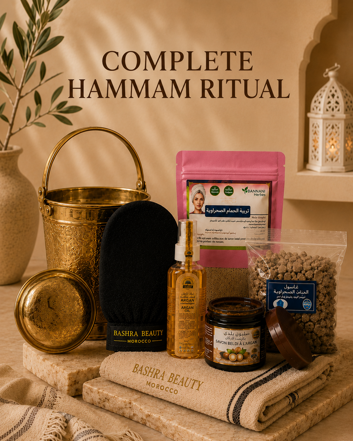 Complete Moroccan Hammam Ritual set featuring traditional black soap, argan oil, kessa exfoliating glove, rhassoul clay, tebrima powder, and authentic Bashra Beauty spa essentials.