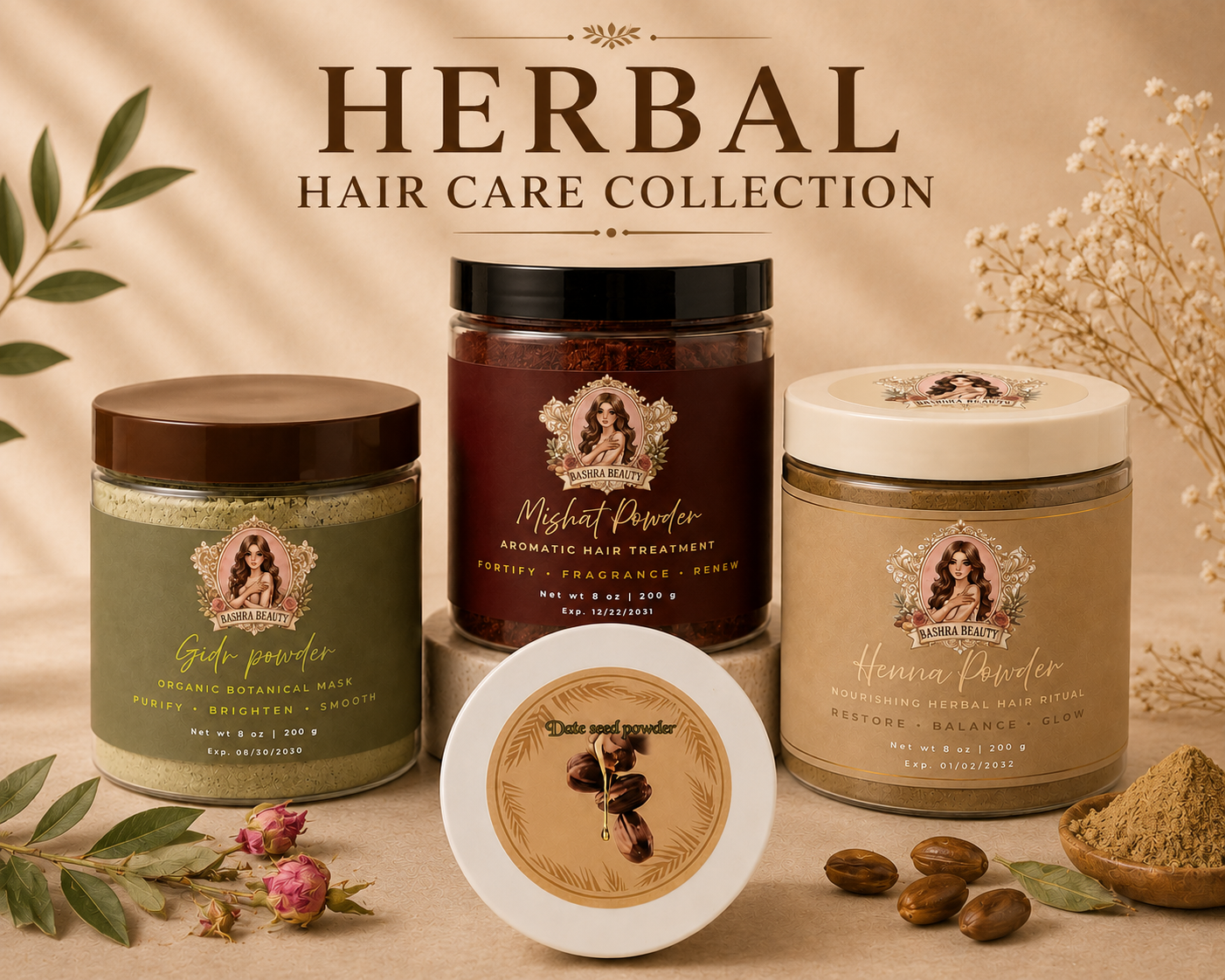 Bashra Beauty Herbal Hair Care Collection featuring Henna Powder, Sidr Powder, Mishat Powder, and Date Seed Powder for natural Moroccan hair care.