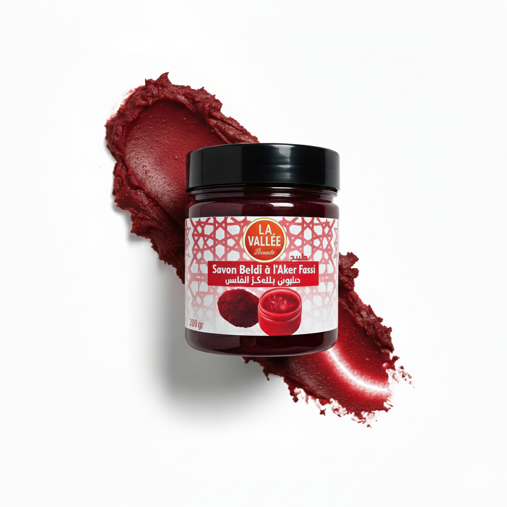 Moroccan Black Soap with Aker Fassi. Deep red, hydrating and exfoliating body mask for skin revival and exfoliation.