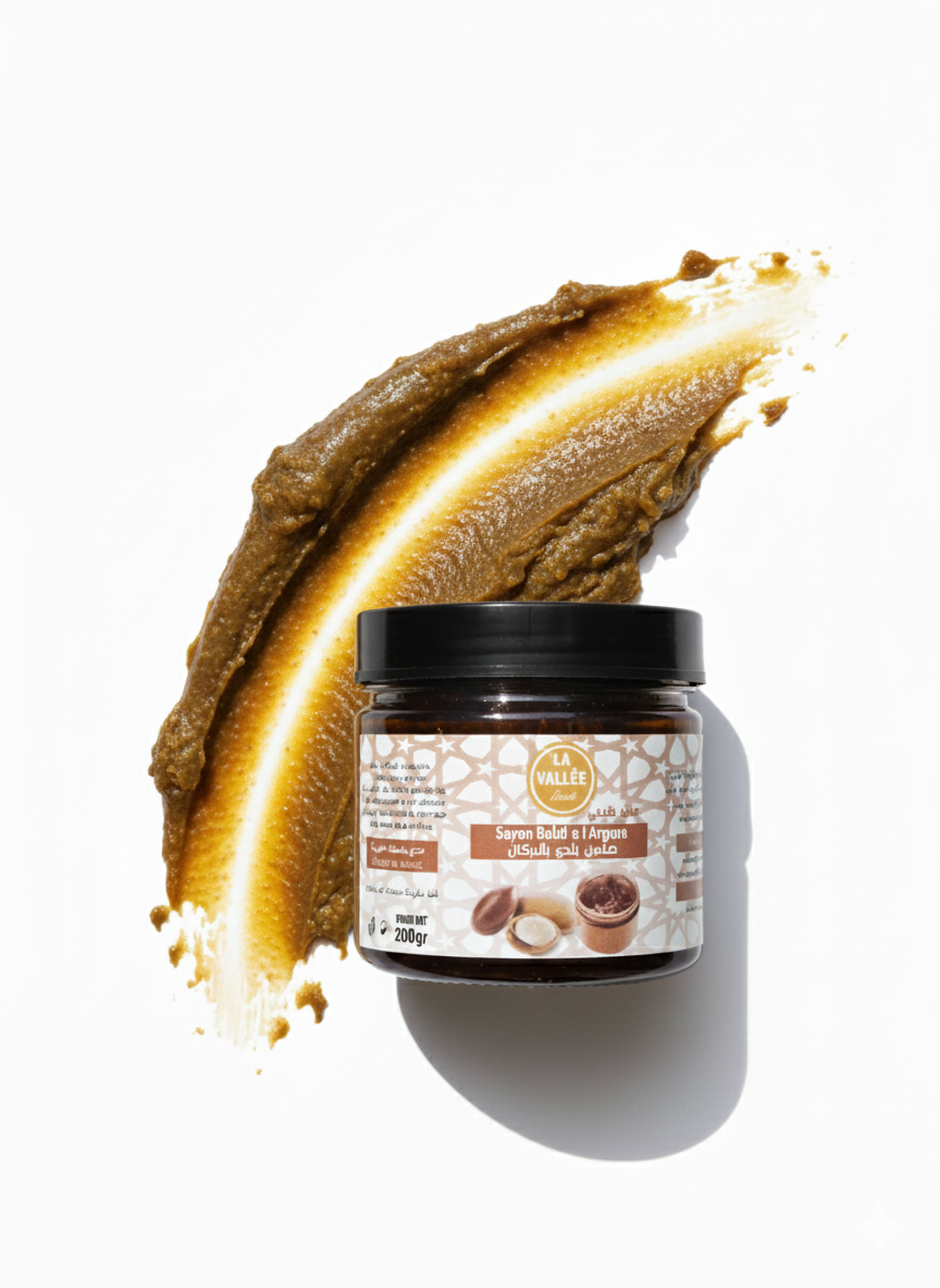 Moroccan Black Soap with Argan Oil. Natural brown hydrating body mask for gentle exfoliation and moisturizing.