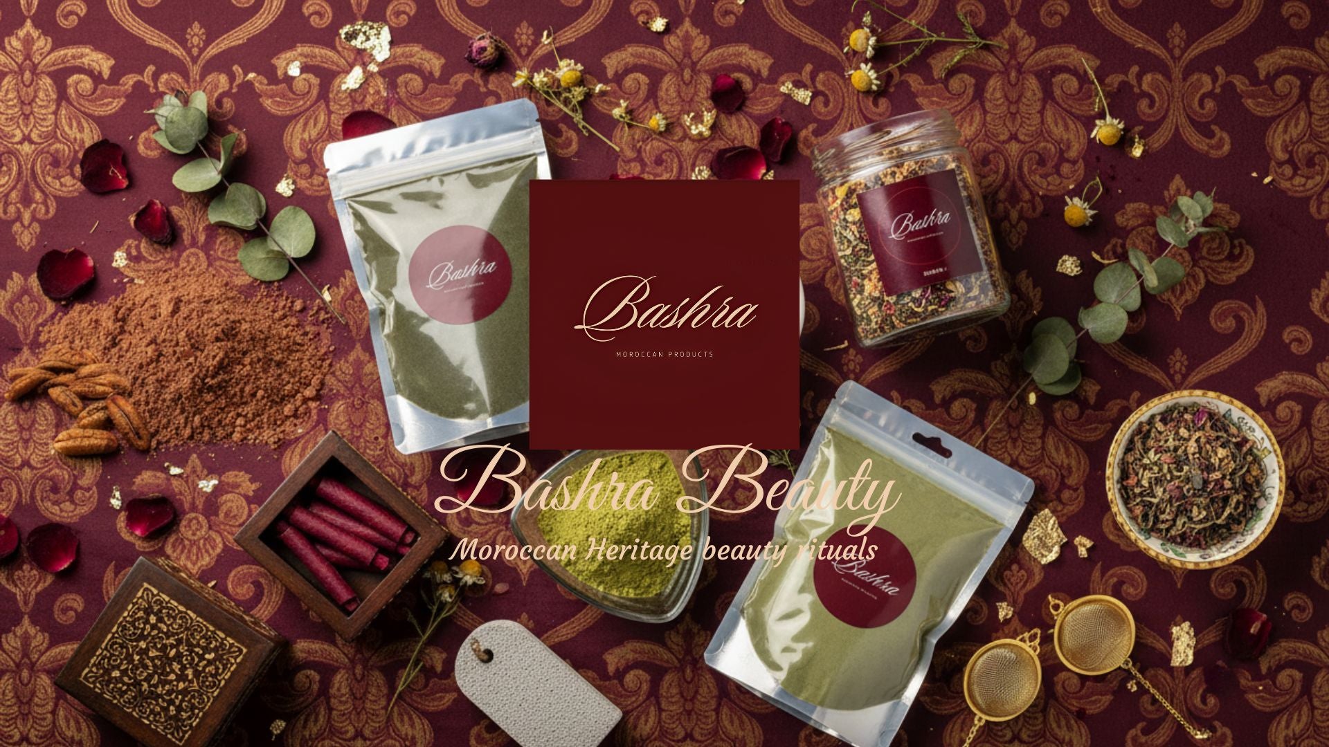 Bashra Beauty products on a decorative background with intricate patterns