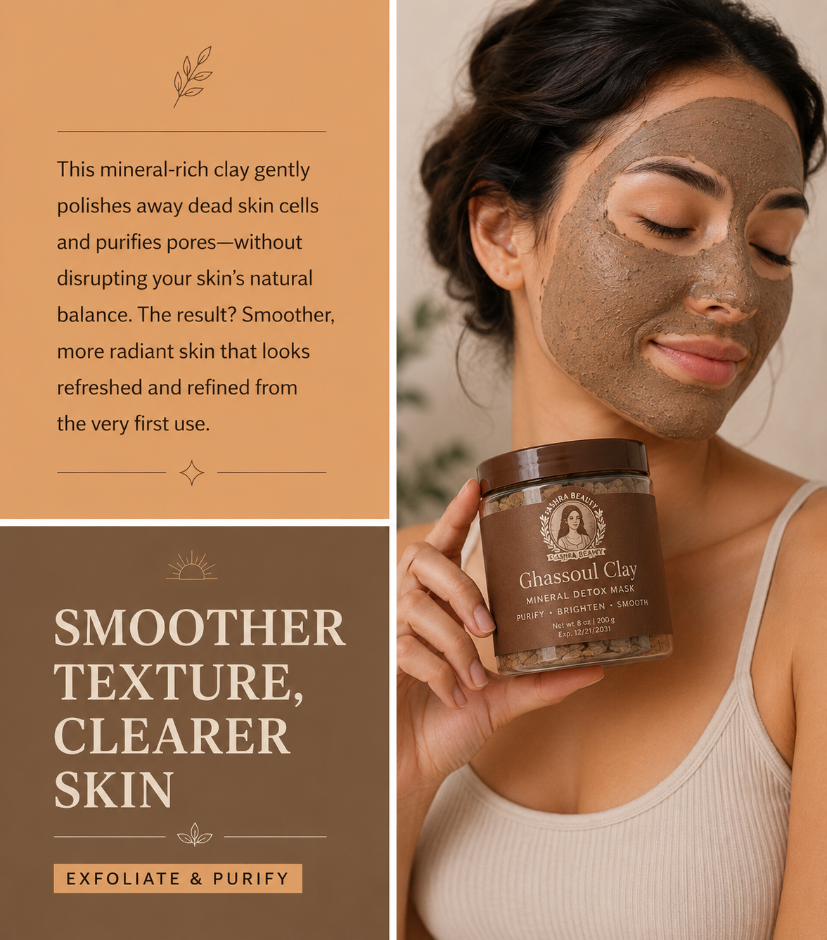 Model wearing Bashra Beauty Ghassoul Clay Mineral Detox Mask while holding the product, highlighting gentle exfoliation for smoother, clearer, and more radiant-looking skin.