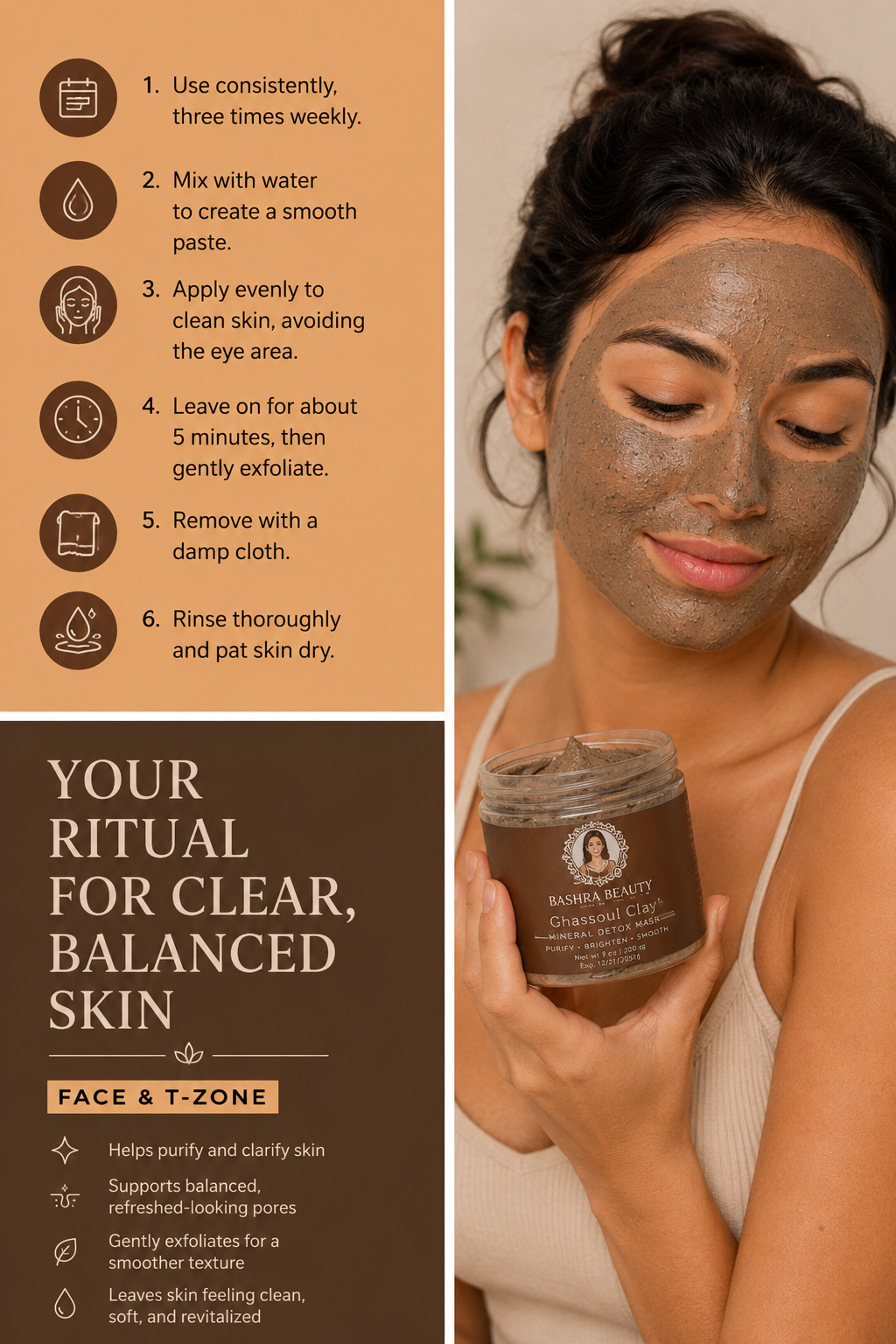 Woman wearing Bashra Beauty Ghassoul Clay Mineral Detox Mask with step-by-step application instructions for smoother, refreshed-looking skin.