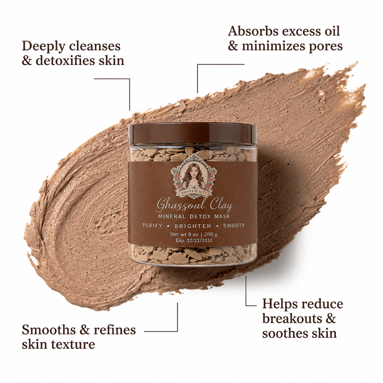 Bashra Beauty Ghassoul Clay Mineral Detox Mask highlighting key benefits including deep cleansing, oil control, refined skin texture, and support for clearer-looking skin.