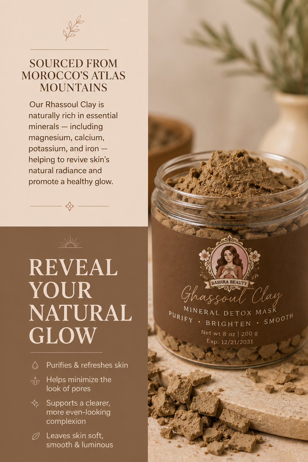 Bashra Beauty Ghassoul Clay Mineral Detox Mask showcasing authentic Moroccan Atlas Mountain clay and its naturally mineral-rich skincare benefits.