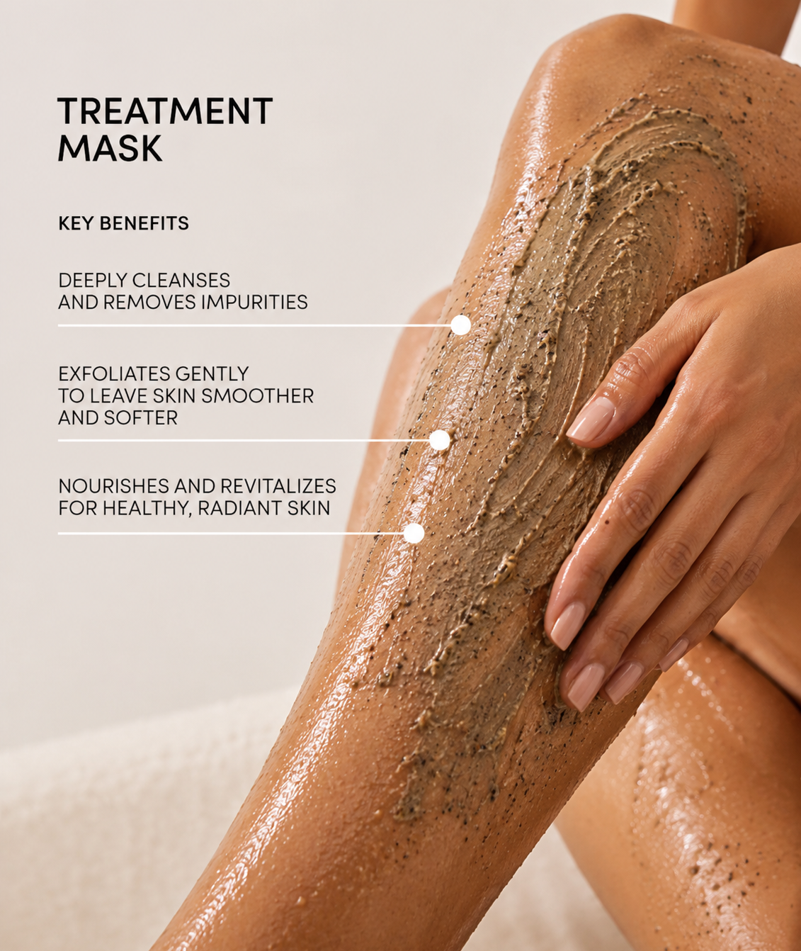 Woman holding a jar of Bashra Beauty Tebrima Powder with green botanical scrub applied to her thigh, highlighting a natural body exfoliation ritual against a bright blue background.