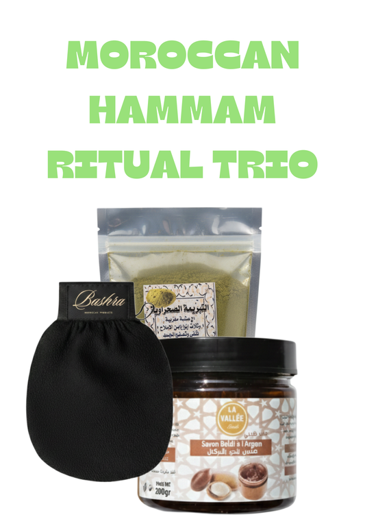 Hammam Malaky 3-piece set with Argan Oil Black Beldi Soap, Kessa Glove, and Tebrima Powder – Bashra Beauty