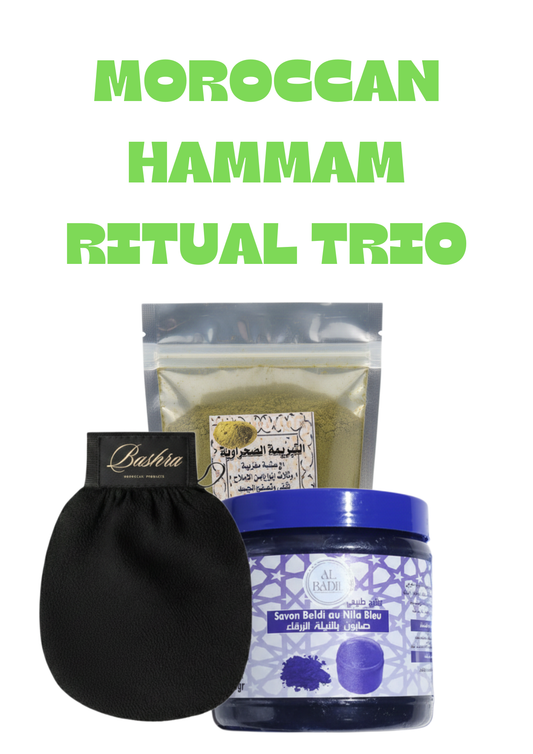 Hammam Malaky 3-piece set with Nila Black Beldi Soap, Kessa Glove, and Tebrima Powder – Bashra Beauty