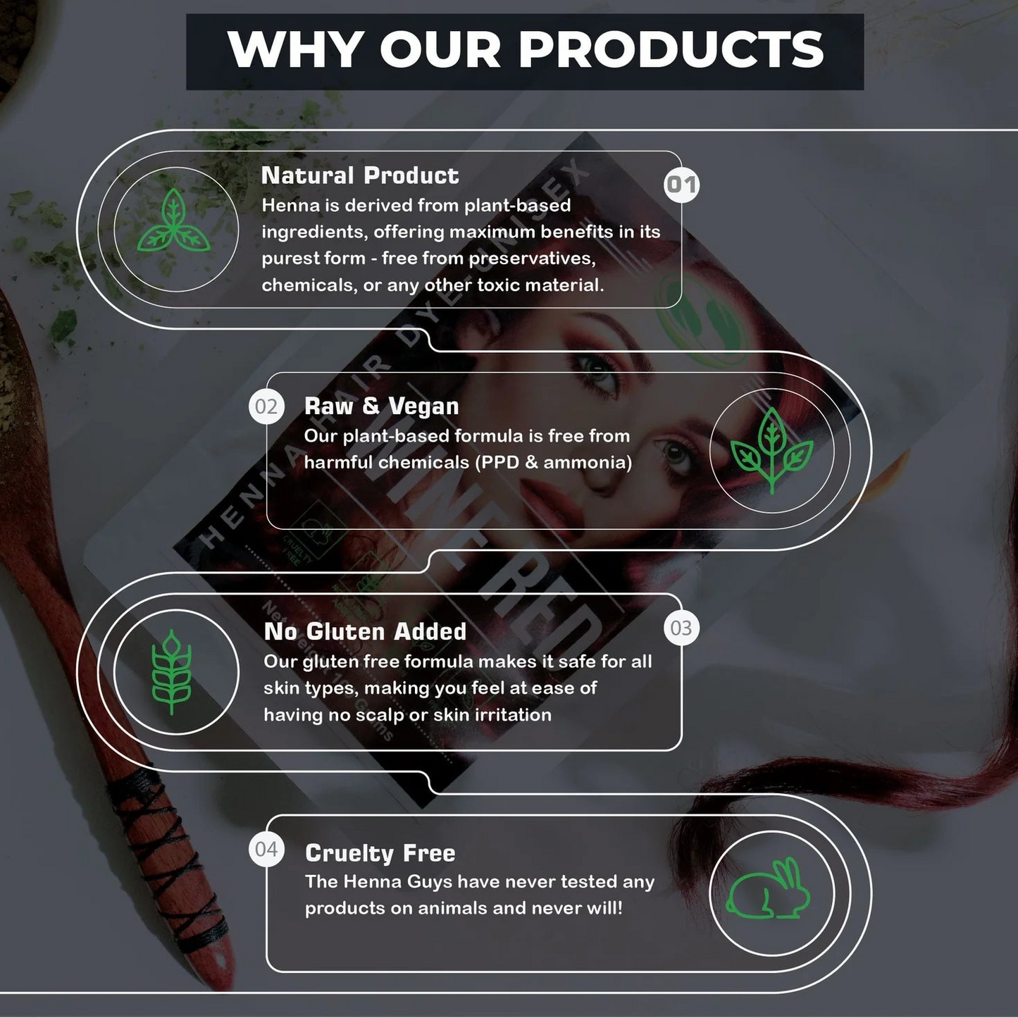 Henna hair dye product benefits infographic showing 4 reasons to choose: natural plant-based formula, raw and vegan, no gluten added, and cruelty free