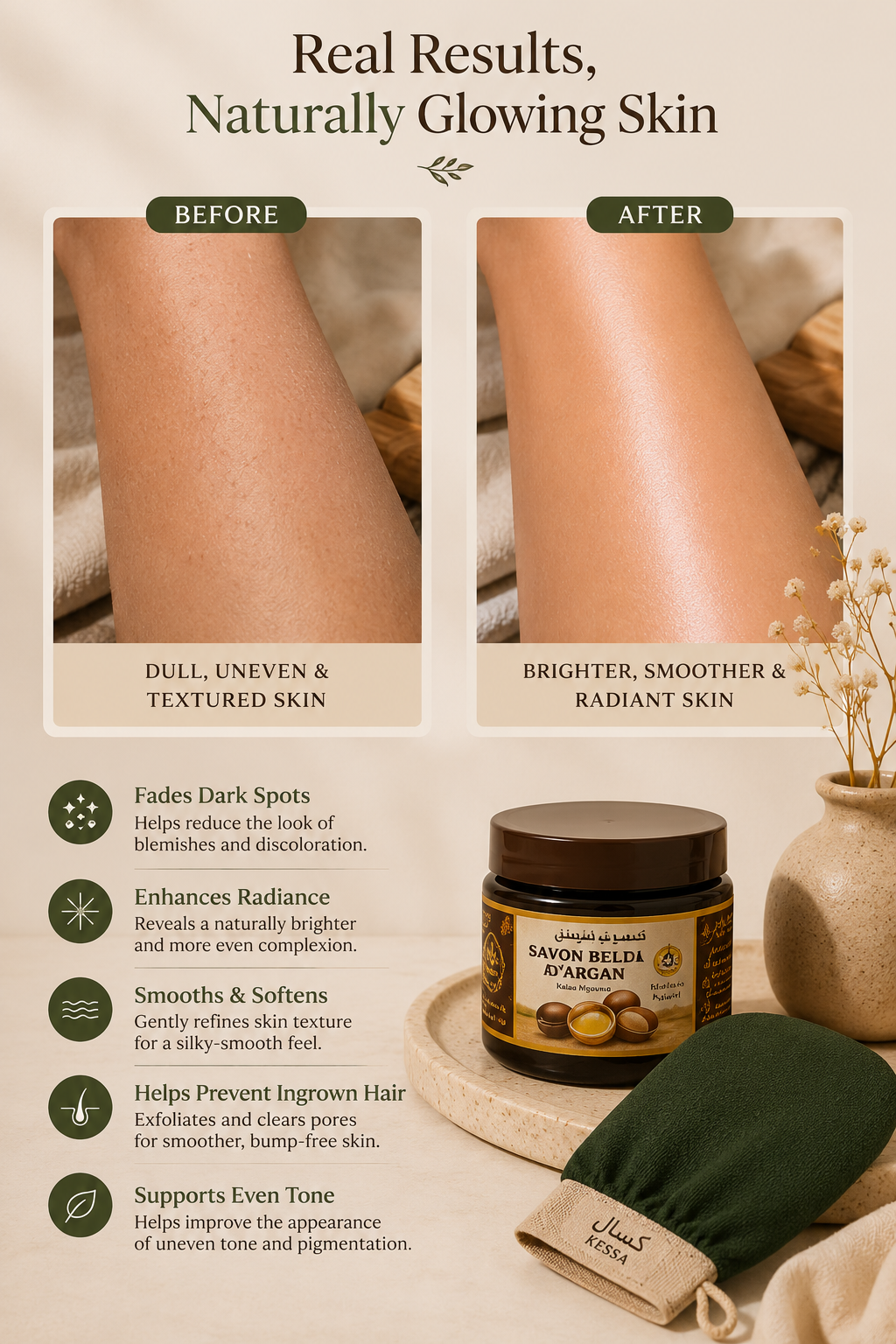 Before and after comparison showing smoother, brighter-looking skin after exfoliating with a Moroccan Kessa glove and Black Beldi Soap.