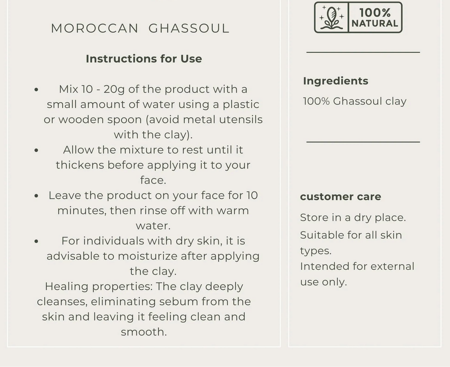 Product information card for Moroccan Ghassoul with instructions and details.