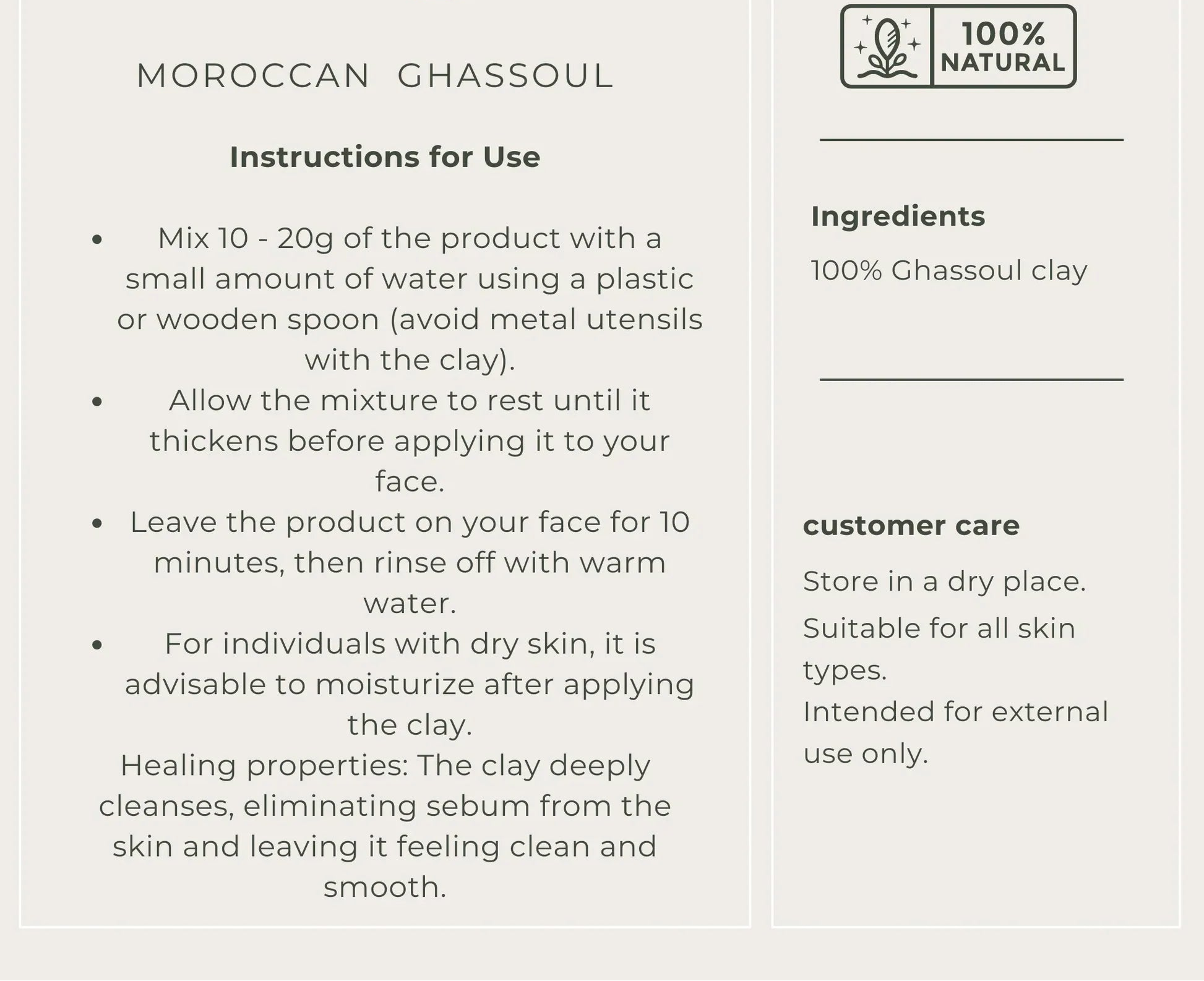 Product information card for Moroccan Ghassoul with instructions and details.