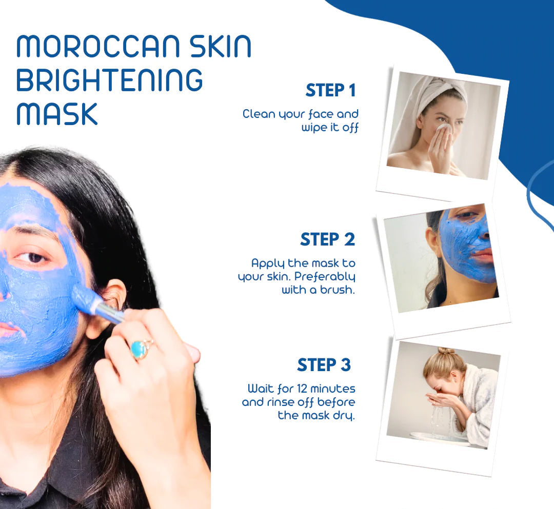 Close-up of a model applying a bright blue Moroccan Nila Mask with a brush, illustrating the steps for a skin brightening treatment to achieve a luminous complexion.