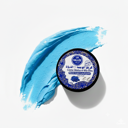 Blue Moroccan Nila Mask cream with a thick cosmetic swipe across a white background, emphasizing the authentic Nila powder for skin brightening.