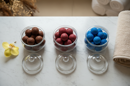 Sudanese Dalkah Body Scrub – Brown, Pink & Blue Exfoliating Balls in Glass Jars