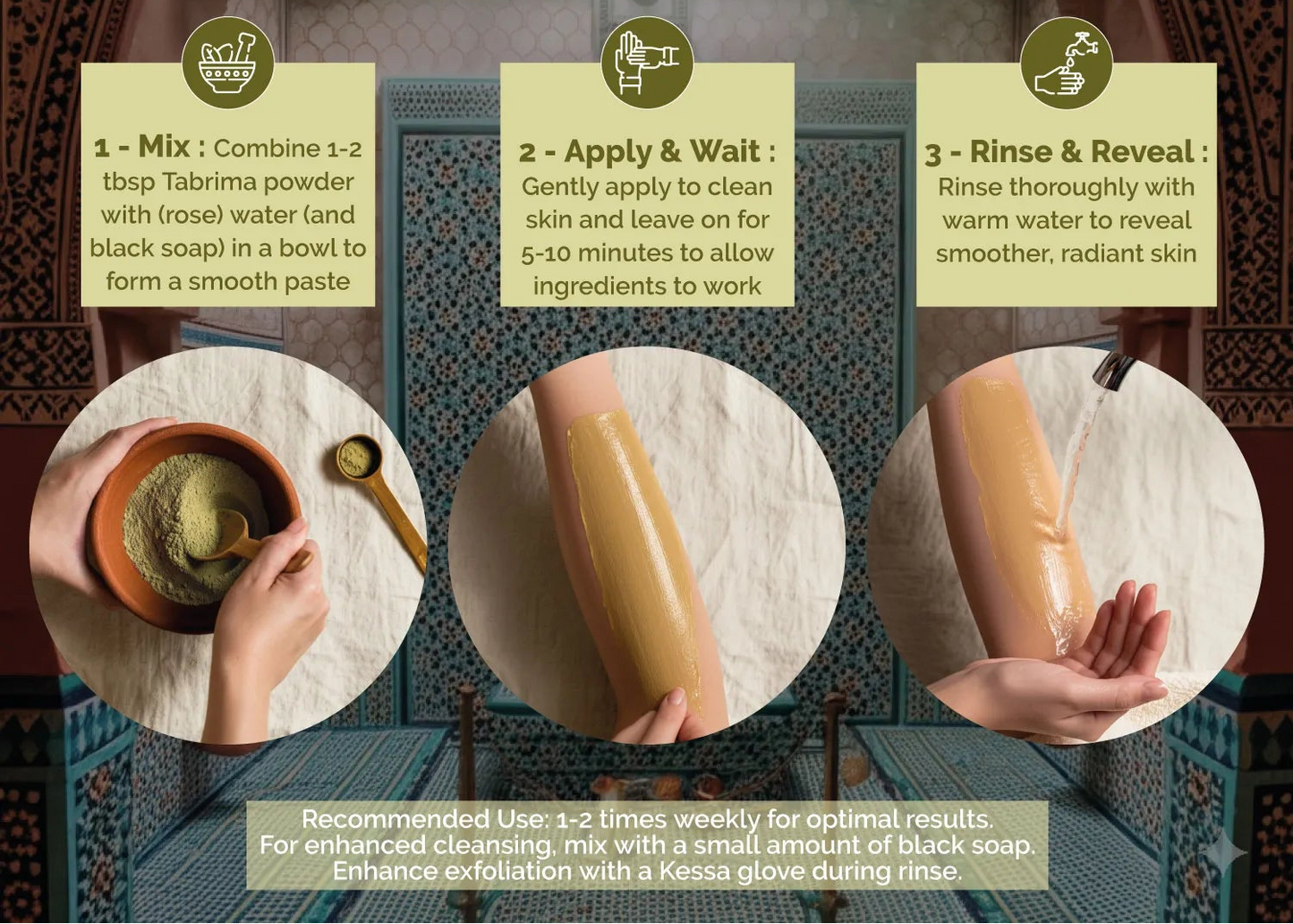 Tabrima-Seqla skincare product instructions with step-by-step process and ingredients.