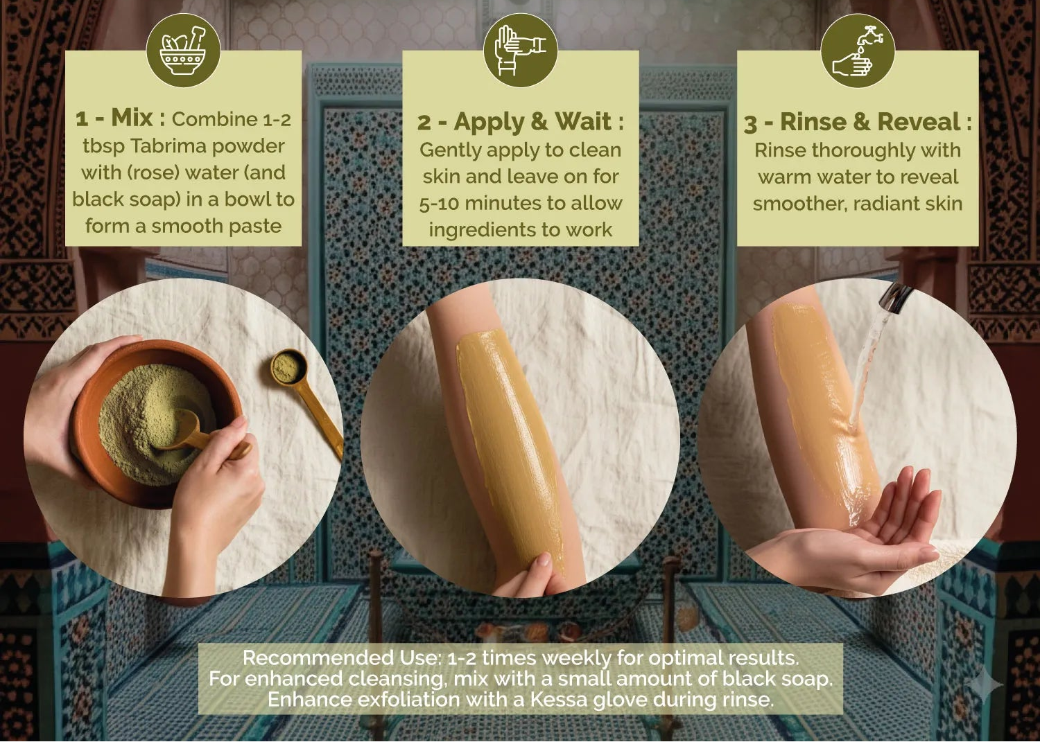 Tabrima-Seqla skincare product instructions with step-by-step process and ingredients.