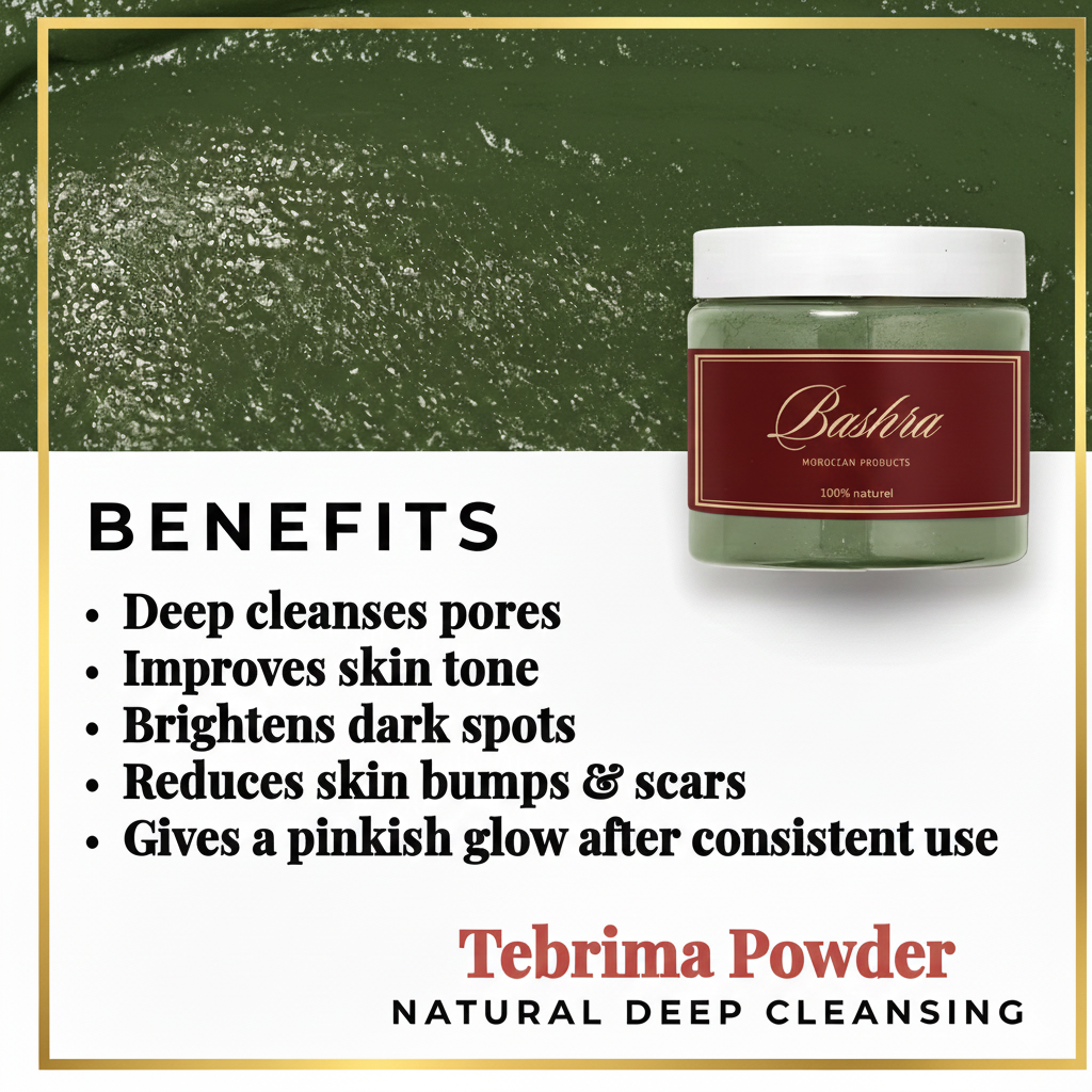 Jar of Bashra Tebrima Powder with benefits listed on a green and white background