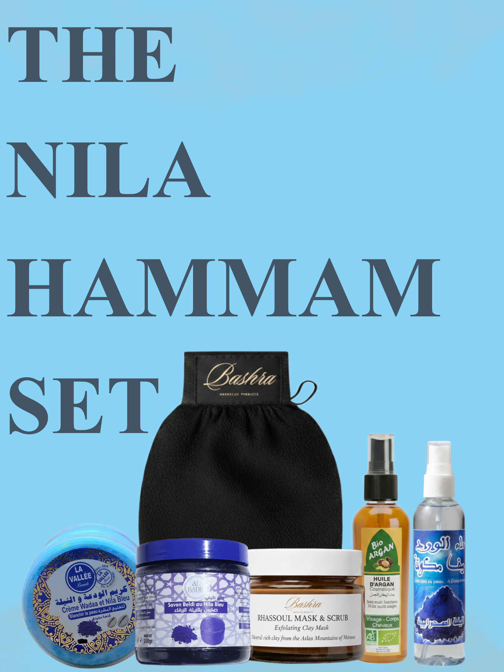 Nila Hammam skincare product set with black pouch on a blue background