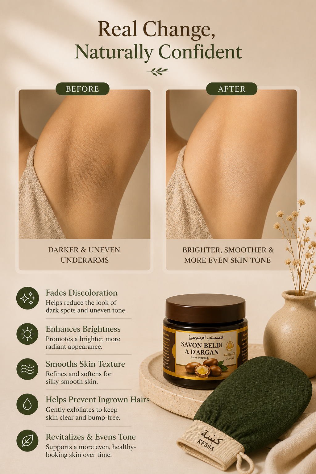 Before and after underarm comparison demonstrating smoother, brighter, and more even-looking skin following a consistent exfoliation routine with a Moroccan Kessa glove and Black Beldi Soap.