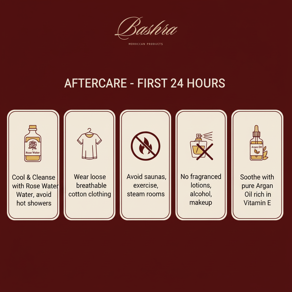 Aftercare first 24 hours after sugaring - cleanse with rose water, wear loose clothing, avoid heat sweat, no irritants, soothe with Argan Oil Vitamin E