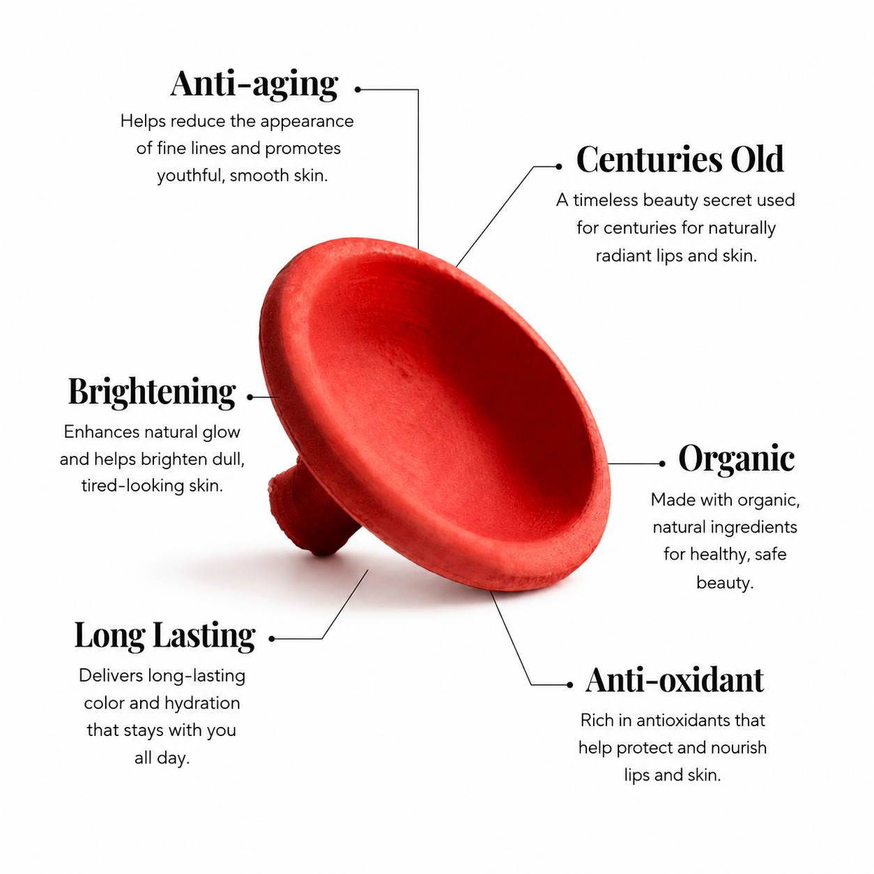 Natural Moroccan Aker Fassi clay lip and cheek tint highlighting its key benefits including anti-aging properties, brightening effect, antioxidant protection, long-lasting color, organic ingredients, and centuries-old beauty traditions.