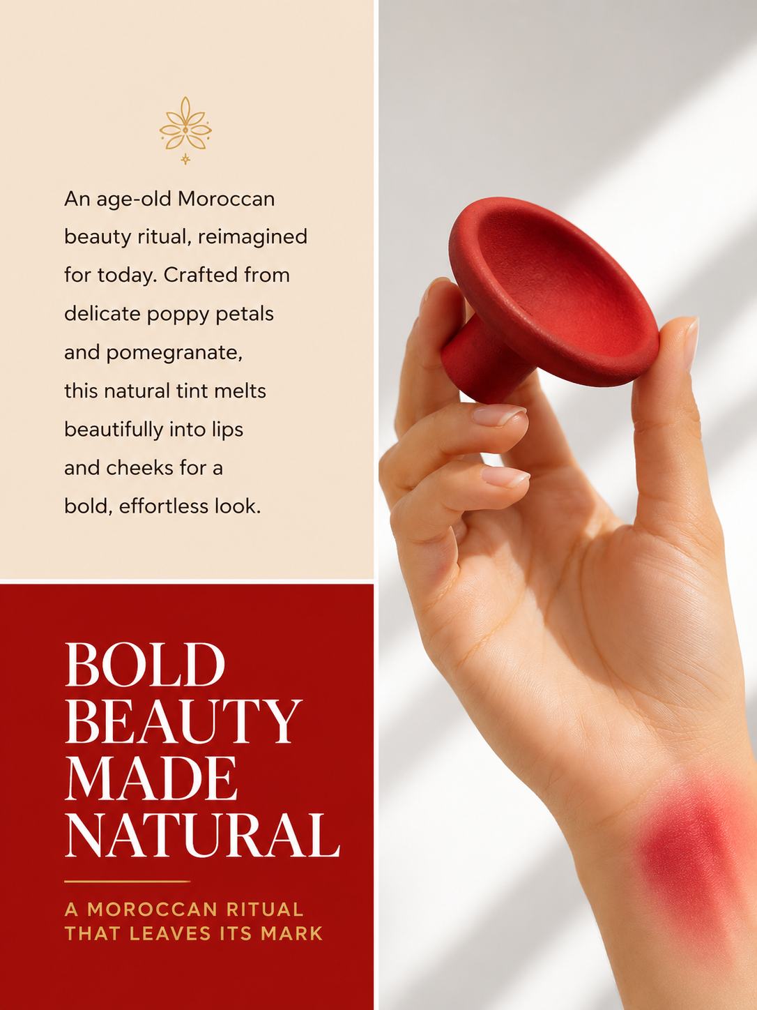Hand holding traditional Moroccan Aker Fassi clay lip and cheek tint with a natural red swatch, showcasing a botanical beauty product made from poppy petals and pomegranate for vibrant lips and cheeks.