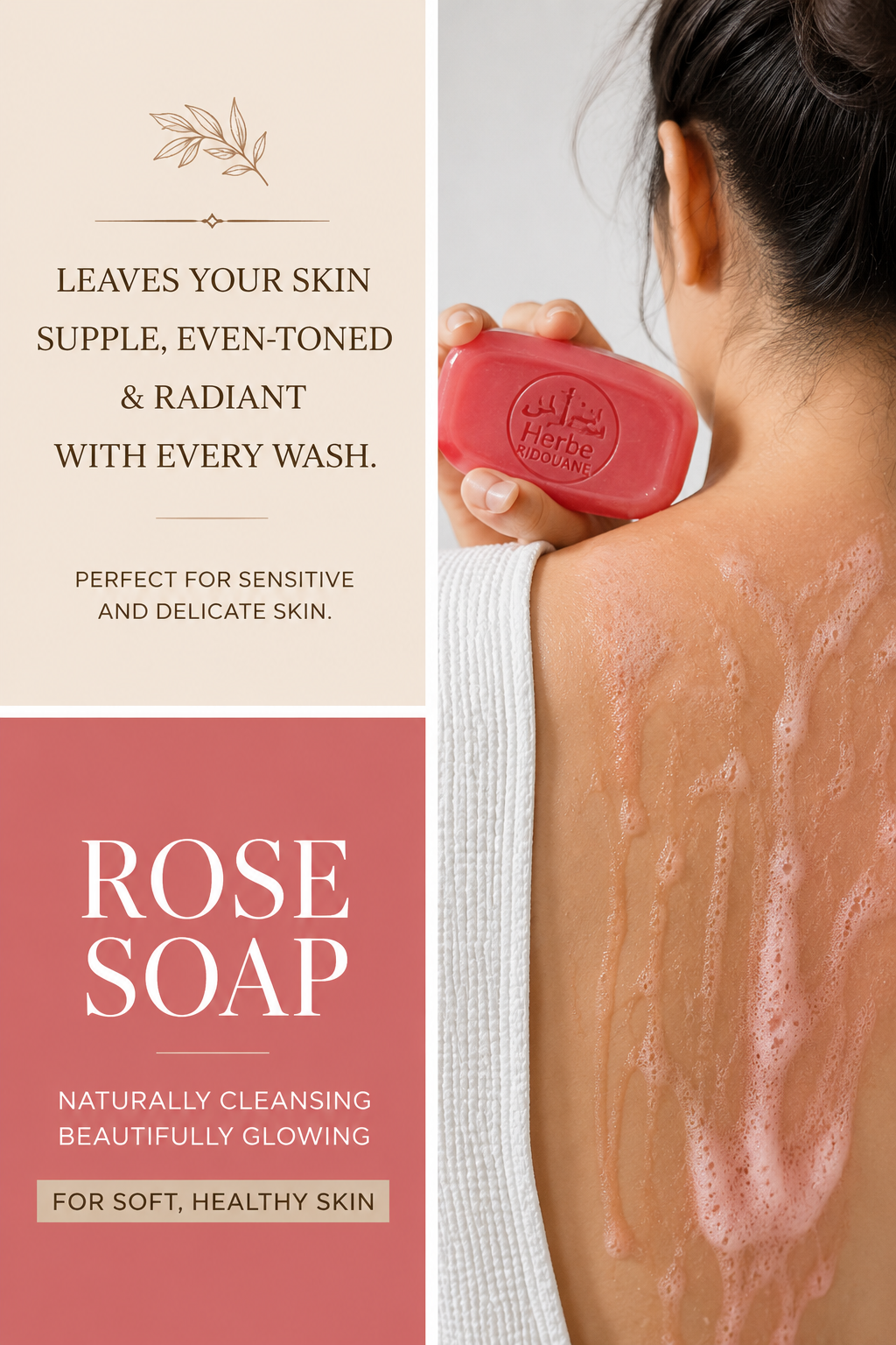 Woman holding Bashra Beauty Aker Fassi rose soap during a luxurious skincare routine, leaving skin soft, smooth, radiant, and naturally glowing.