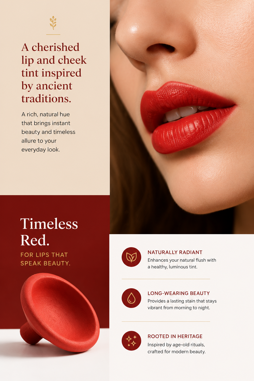 Luxury beauty campaign featuring traditional Moroccan Aker Fassi lip and cheek tint with vibrant red lips, natural clay pigment, and elegant messaging inspired by ancient Moroccan beauty rituals.