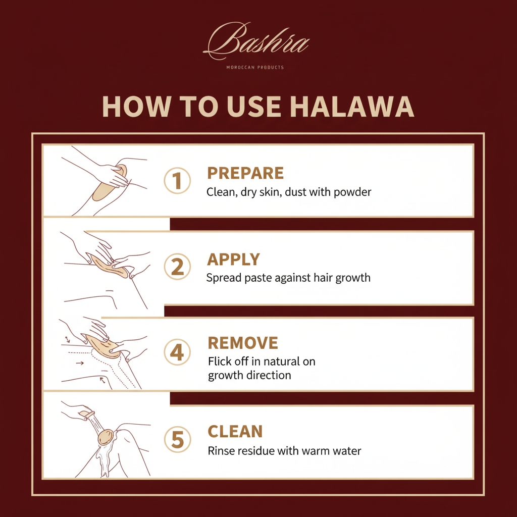 How to use Bashra Halawa sugaring paste - prepare clean dry skin, apply against hair growth, flick off in natural direction, reuse same ball, rinse with water
