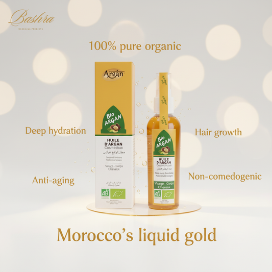 Bashra Bio Argan Oil organic cold-pressed Morocco's liquid gold - 100% pure, deep hydration, anti-aging, hair growth, non-comedogenic, face hair body