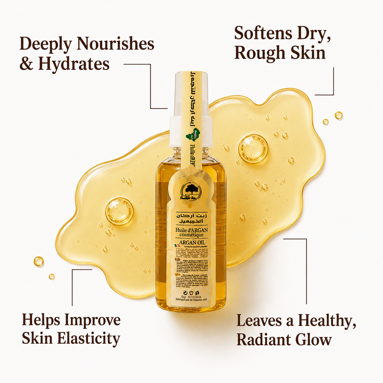 Pure Moroccan Argan Oil with key skincare benefits including deep hydration, softer skin, improved skin elasticity, and a healthy radiant glow.