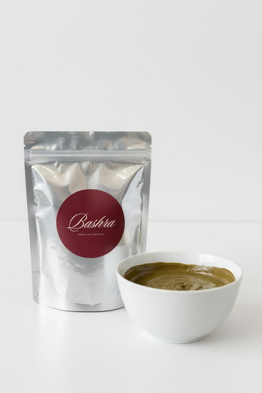  Bashra Al Madinah pure henna powder in silver resealable pouch with mixed henna paste in white bowl