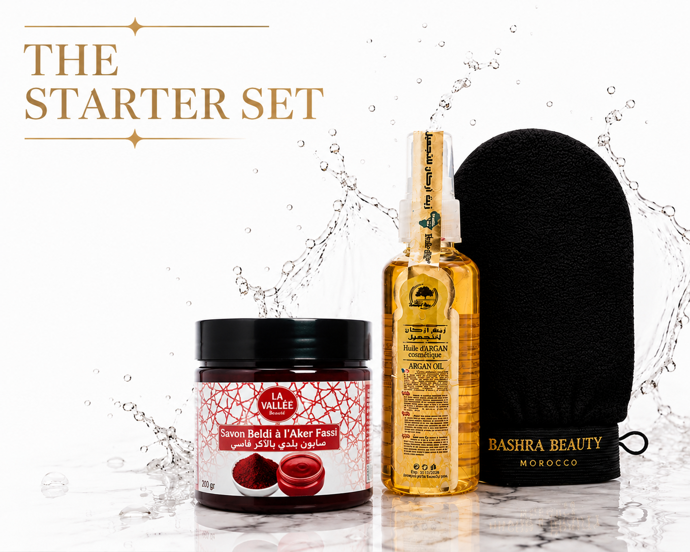 Bashra Beauty Starter Set featuring Aker Fassi Beldi Soap, Moroccan Argan Oil, and a traditional Kessa exfoliating glove for deep exfoliation, smoother skin, and an authentic Moroccan hammam ritual.